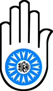 Le symbole du jaïnisme : une main ouverte en signe de non-violence (ahimsa)